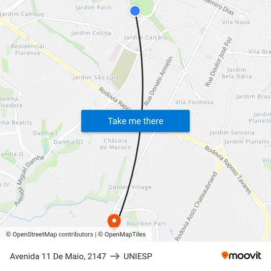 Avenida 11 De Maio, 2147 to UNIESP map