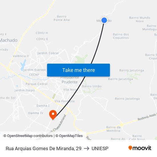 Rua Arquias Gomes De Miranda, 29 to UNIESP map