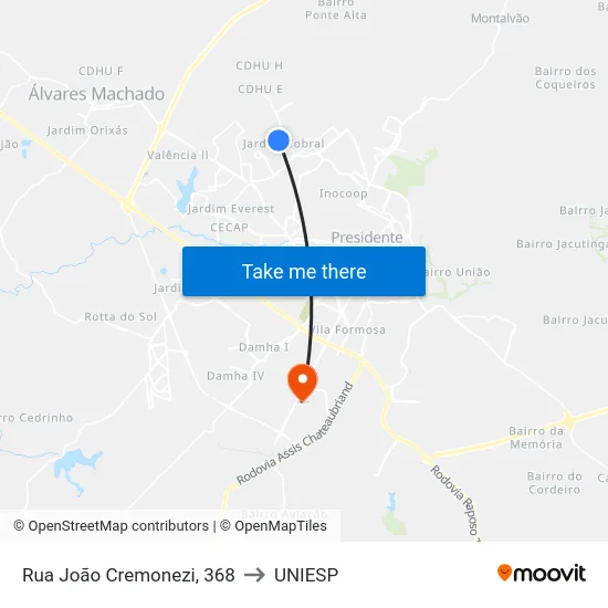 Rua João Cremonezi, 368 to UNIESP map
