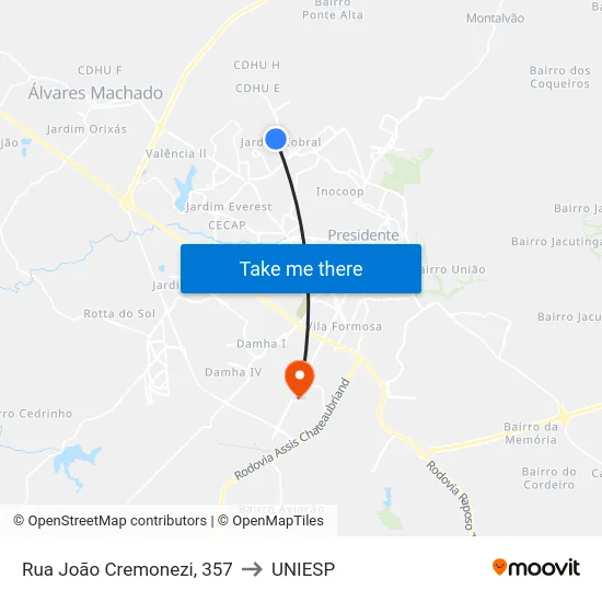 Rua João Cremonezi, 357 to UNIESP map