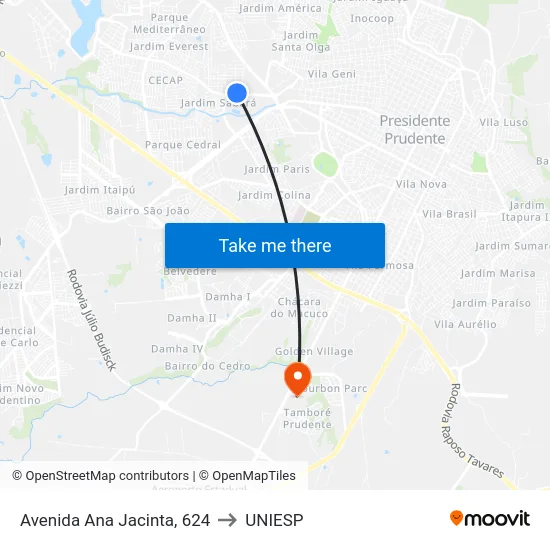 Avenida Ana Jacinta, 624 to UNIESP map