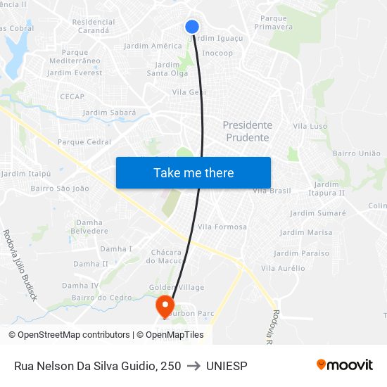 Rua Nelson Da Silva Guidio, 250 to UNIESP map