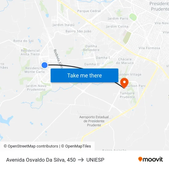 Avenida Osvaldo Da Silva, 450 to UNIESP map