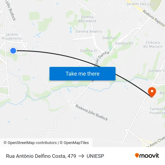 Rua Antônio Delfino Costa, 479 to UNIESP map