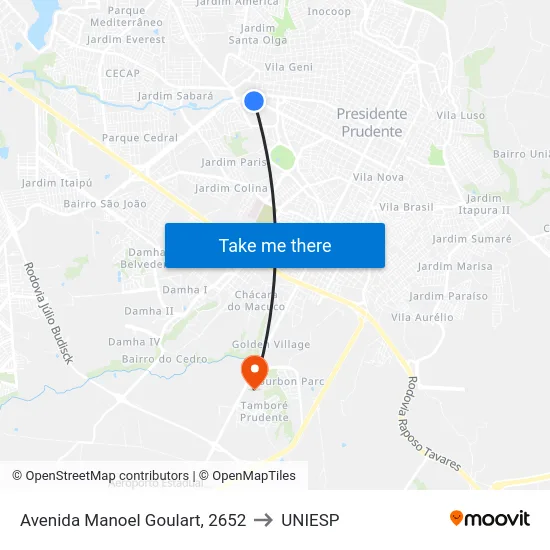Avenida Manoel Goulart, 2652 to UNIESP map