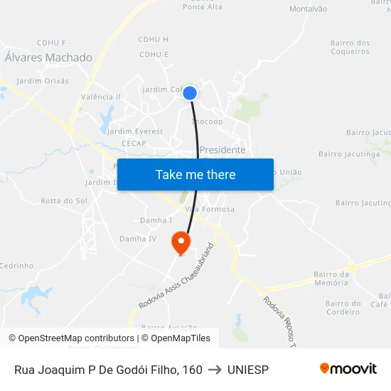 Rua Joaquim P De Godói Filho, 160 to UNIESP map