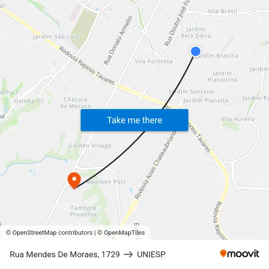 Rua Mendes De Moraes, 1729 to UNIESP map