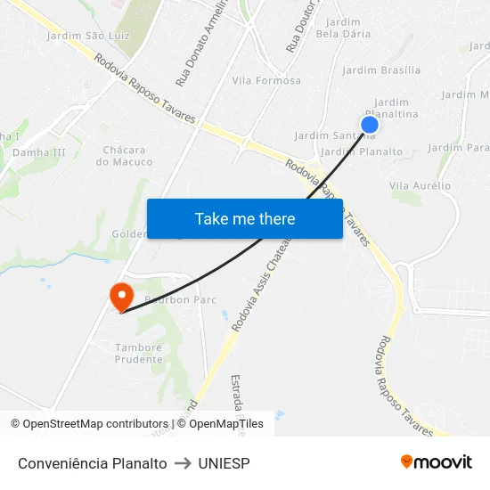 Conveniência Planalto to UNIESP map