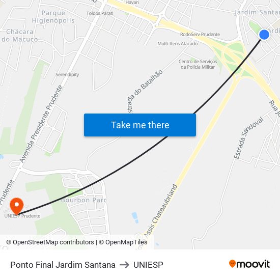 Ponto Final Jardim Santana to UNIESP map