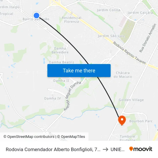 Rodovia Comendador Alberto Bonfiglioli, 720 to UNIESP map