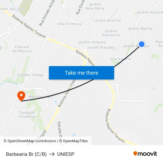 Barbearia Br (C/B) to UNIESP map