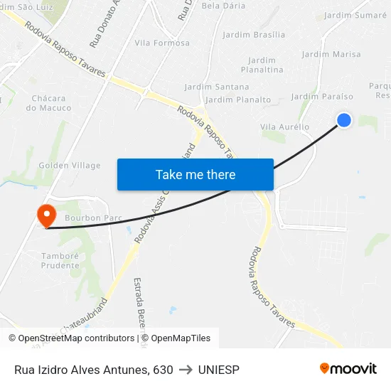 Rua Izidro Alves Antunes, 630 to UNIESP map