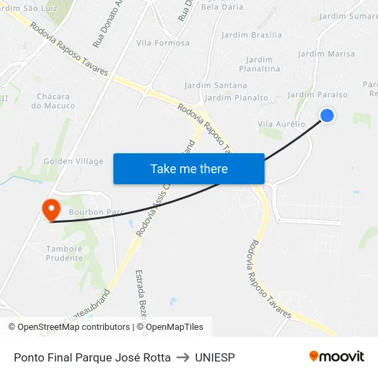 Ponto Final Parque José Rotta to UNIESP map