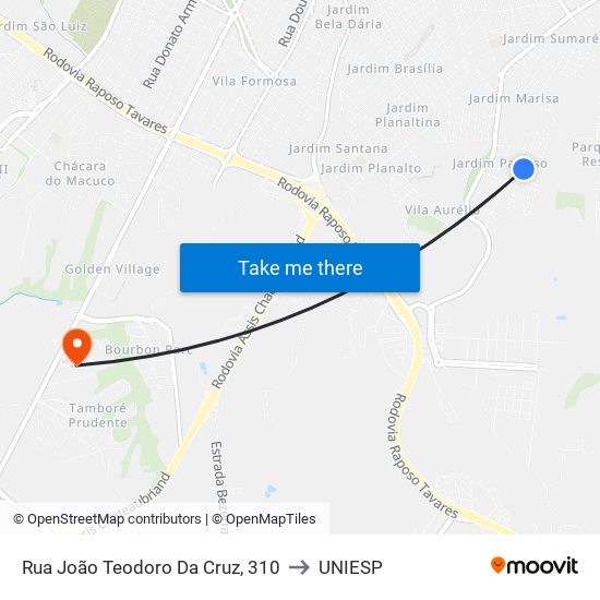Rua João Teodoro Da Cruz, 310 to UNIESP map