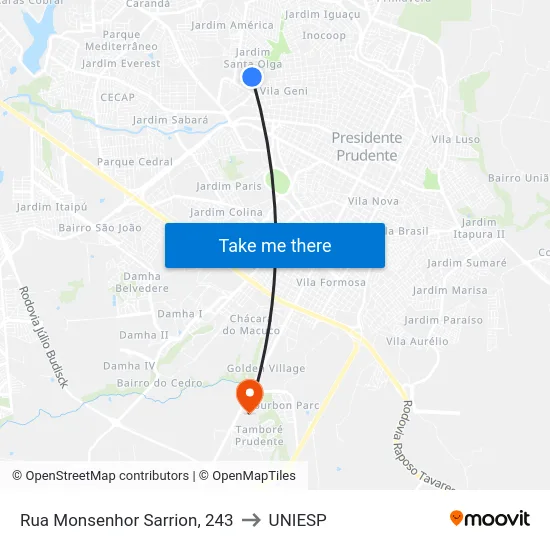 Rua Monsenhor Sarrion, 243 to UNIESP map