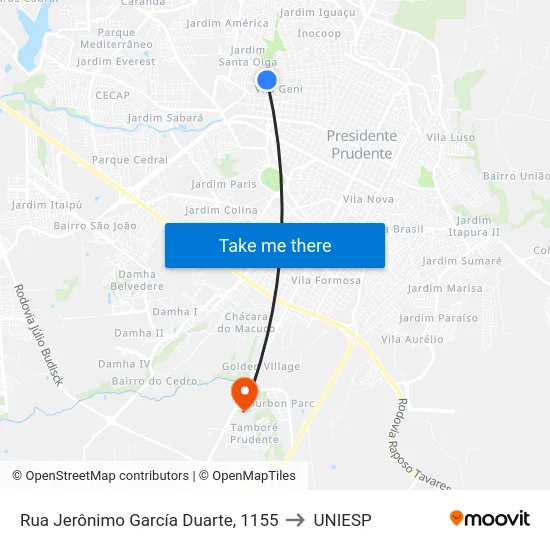 Rua Jerônimo García Duarte, 1155 to UNIESP map