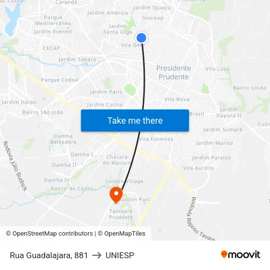 Rua Guadalajara, 881 to UNIESP map
