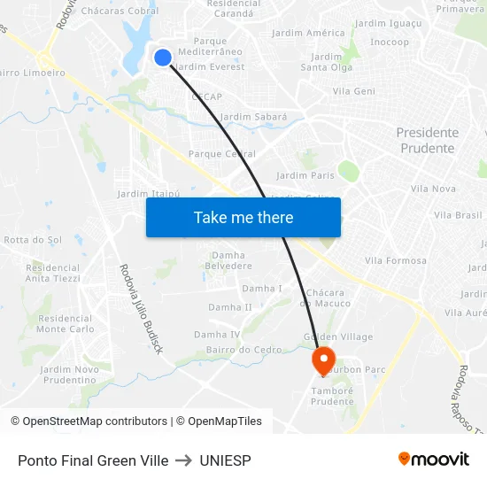 Ponto Final Green Ville to UNIESP map