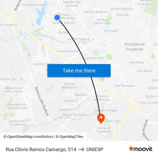 Rua Clóvis Ramos Camargo, 514 to UNIESP map