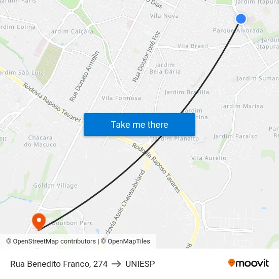 Rua Benedito Franco, 274 to UNIESP map