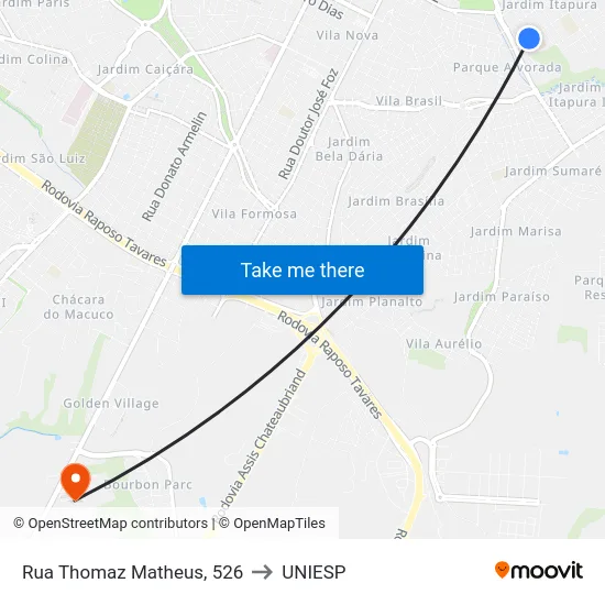 Rua Thomaz Matheus, 526 to UNIESP map