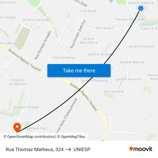 Rua Thomaz Matheus, 324 to UNIESP map
