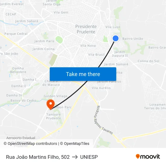 Rua João Martins Filho, 502 to UNIESP map