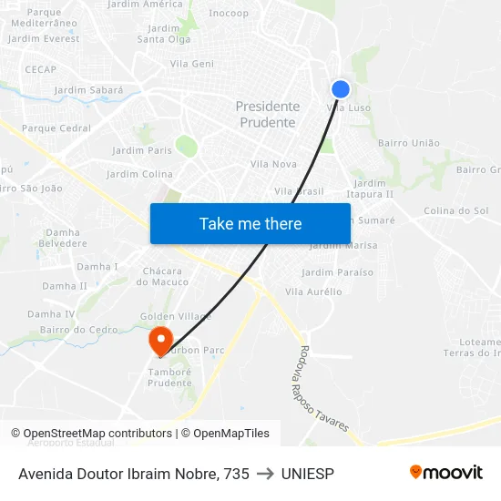 Avenida Doutor Ibraim Nobre, 735 to UNIESP map