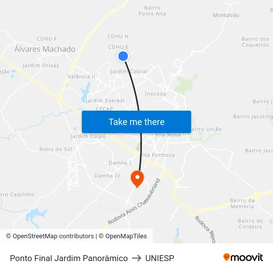 Ponto Final Jardim Panorâmico to UNIESP map