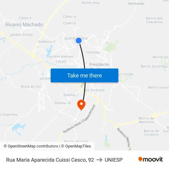 Rua Maria Aparecida Cuissi Cesco, 92 to UNIESP map