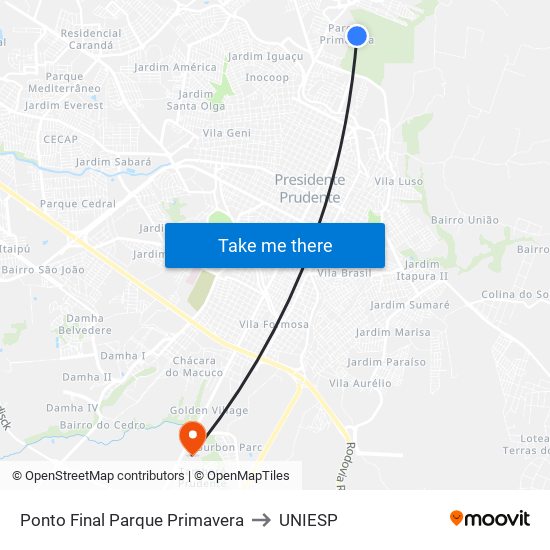 Ponto Final Parque Primavera to UNIESP map
