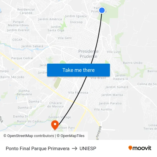 Ponto Final Parque Primavera to UNIESP map