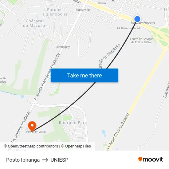 Posto Ipiranga to UNIESP map