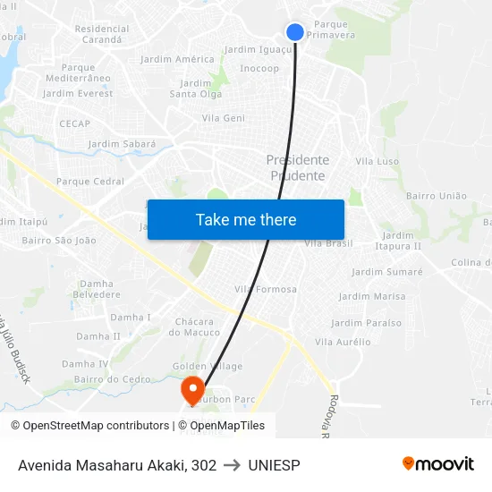 Avenida Masaharu Akaki, 302 to UNIESP map