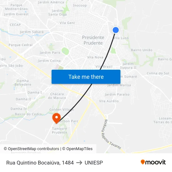 Rua Quintino Bocaiúva, 1484 to UNIESP map