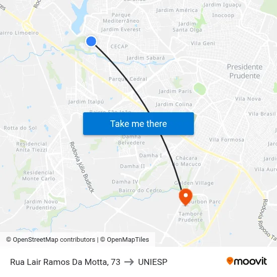 Rua Lair Ramos Da Motta, 73 to UNIESP map