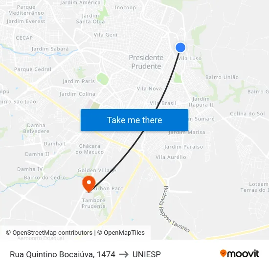 Rua Quintino Bocaiúva, 1474 to UNIESP map