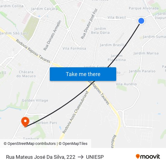 Rua Mateus José Da Silva, 222 to UNIESP map