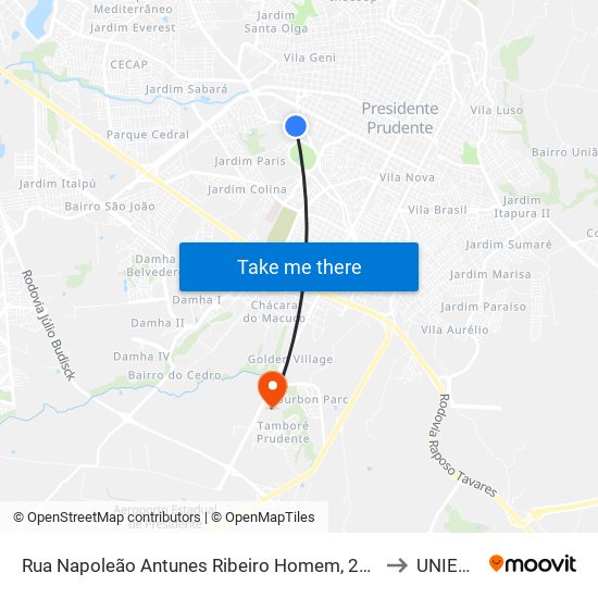 Rua Napoleão Antunes Ribeiro Homem, 215 to UNIESP map