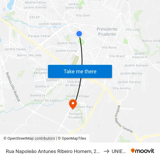 Rua Napoleão Antunes Ribeiro Homem, 215 to UNIESP map