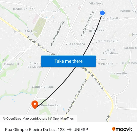 Rua Olímpio Ribeiro Da Luz, 123 to UNIESP map