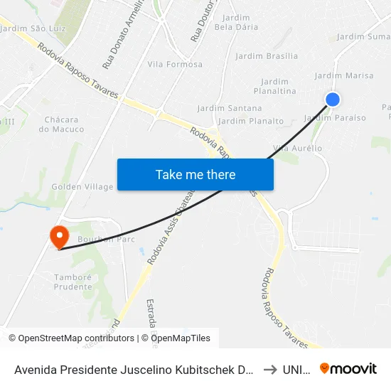 Avenida Presidente Juscelino Kubitschek De Oliveira, 14221 to UNIESP map