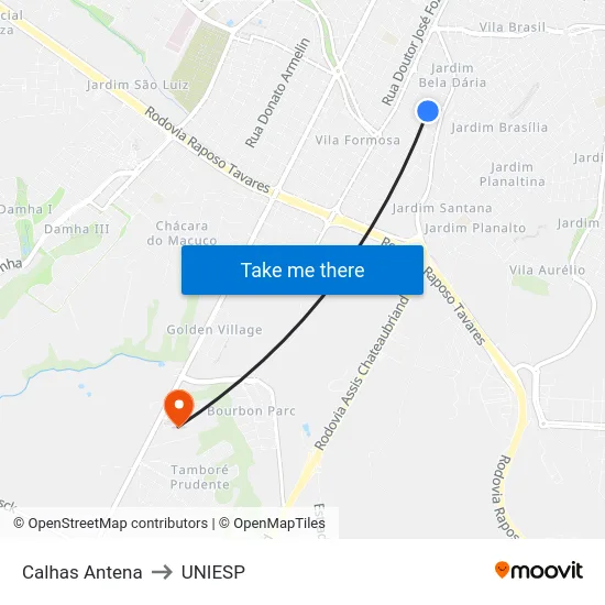 Calhas Antena to UNIESP map