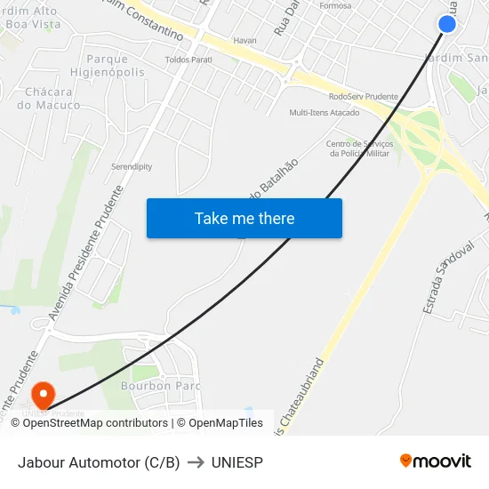 Jabour Automotor (C/B) to UNIESP map