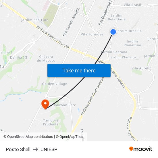 Posto Shell to UNIESP map