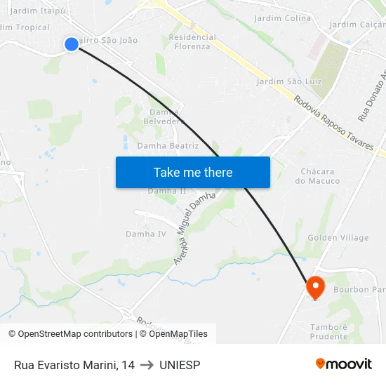 Rua Evaristo Marini, 14 to UNIESP map