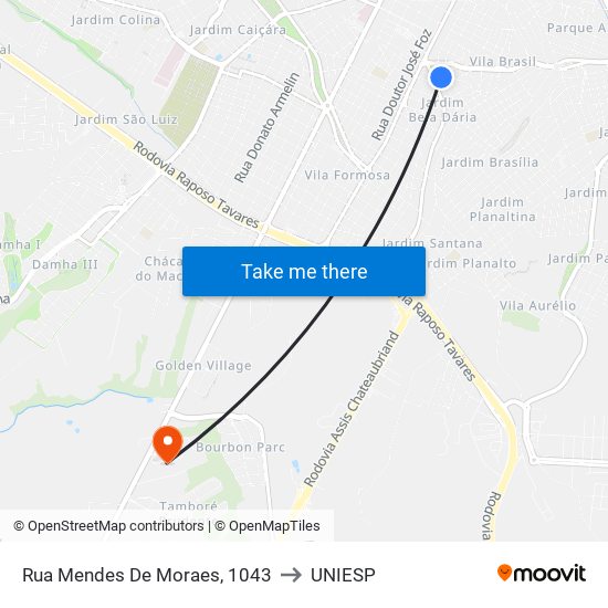 Rua Mendes De Moraes, 1043 to UNIESP map