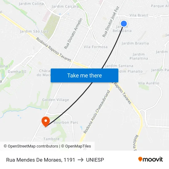 Rua Mendes De Moraes, 1191 to UNIESP map