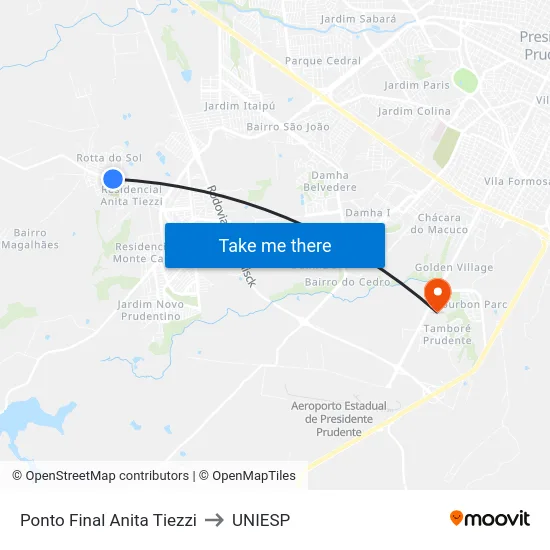 Ponto Final Anita Tiezzi to UNIESP map