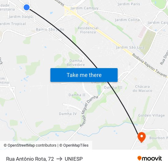 Rua Antônio Rota, 72 to UNIESP map